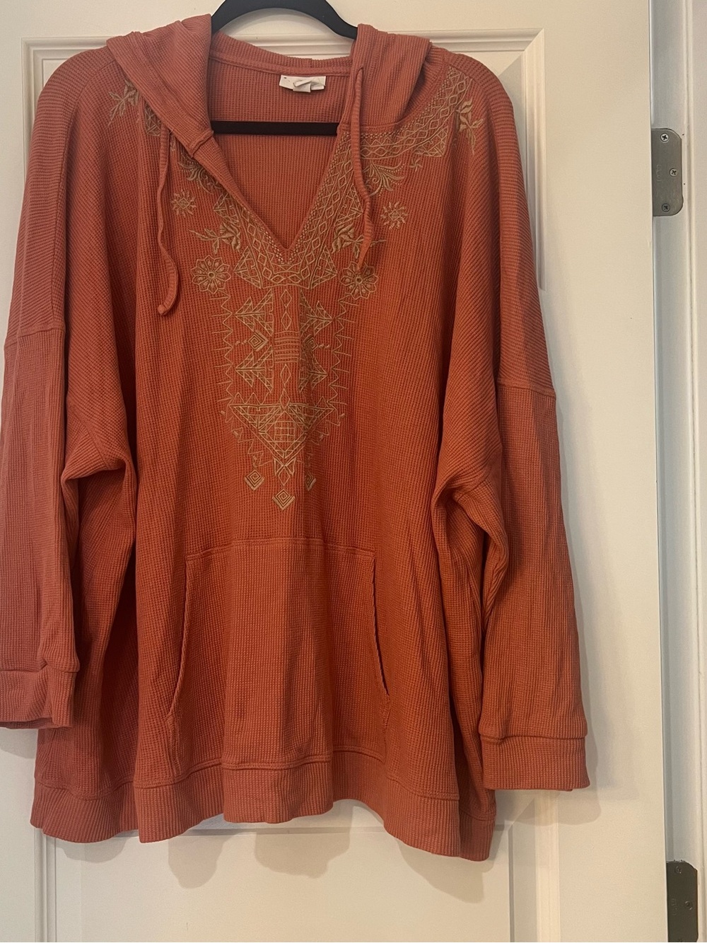 J. Jill Women’s Rust Orange Embroidered Waffle Knit Hooded Pullover Top